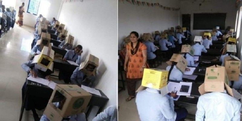 Foto yang viral di mana para siswa mengenakan kardus di kepala saat ujian/BBC