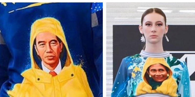Busana karya Maggie Hutauruk Eddy yang menampilkan wajah Presiden Jokowi dan Mantan Menteri Kelautan dan Perikanan Susi Pudjiastuti pada panggung New York Fashion Week 2020/Net
