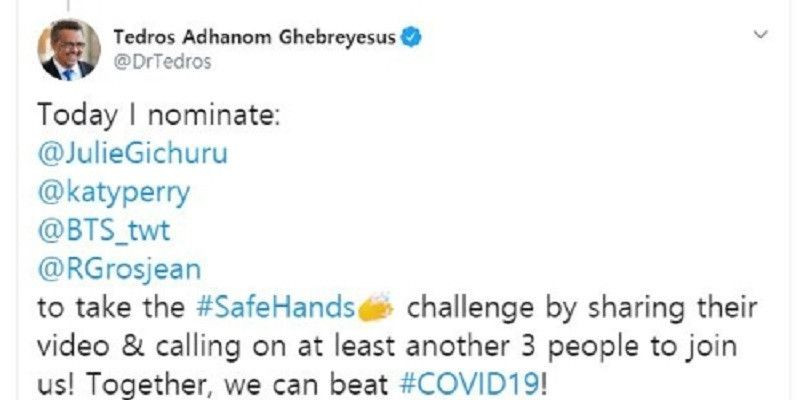 Cuitan Kepala WHO saat menantang BTS untuk ikut kampanye #SafeHands/Twitter