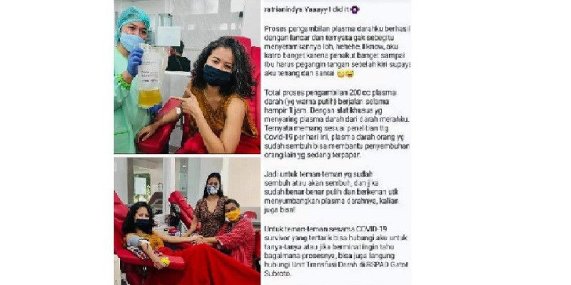 Ratri Anindya saat proses pengambilan plasma darah di RSPAD Gatot Soebroto/Instgram