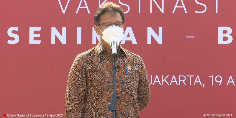 Menteri Kesehatan Budi Gunadi Sadikin, dalam jumpa pers vaksinasi Covid-19 untuk Seniman dan Budayawan di Galeri Nasional Indonesia, Jakarta Pusat, Senin, 19 April/Repro