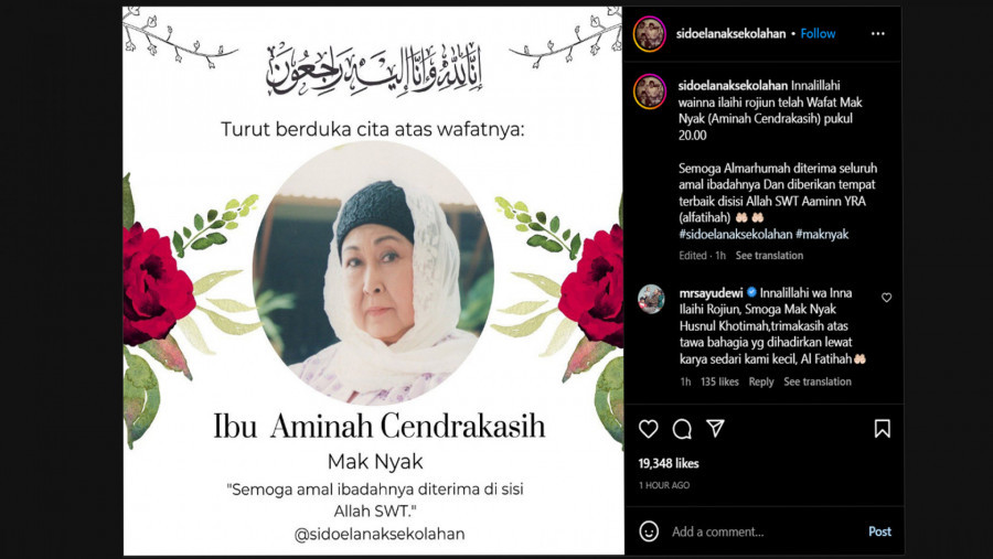 Kabar duka Aminah Cenderakasih/Net