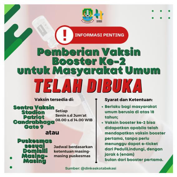 Jadwal pelaksanaan vaksinasi COVID-19 booster kedua di Kota Bekasi/Dok Pemkot Bekasi