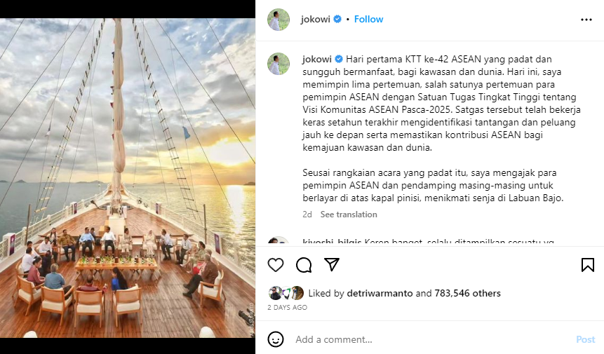 Delegasi KTT ASEAN menikmati sunset di atas kapal Pinisi di Pelabuhan Labuan Bajo/Tangkapan Layar @jokowi