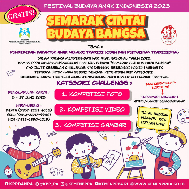 E-flyer kompetisi Semarak Cintai Budaya Bangsa yang diselenggarakan KemenPPPA dalam menyambut Hari Anak Dunia 2023/Ist