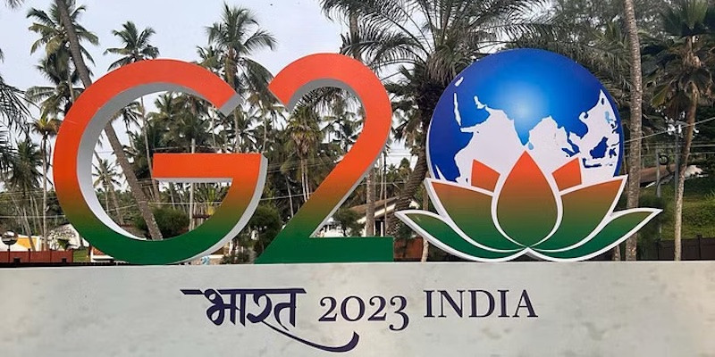 Logo G20 di lokasi pertemuan Menteri Kesehatan G20 Ghandinagar, India./Net
