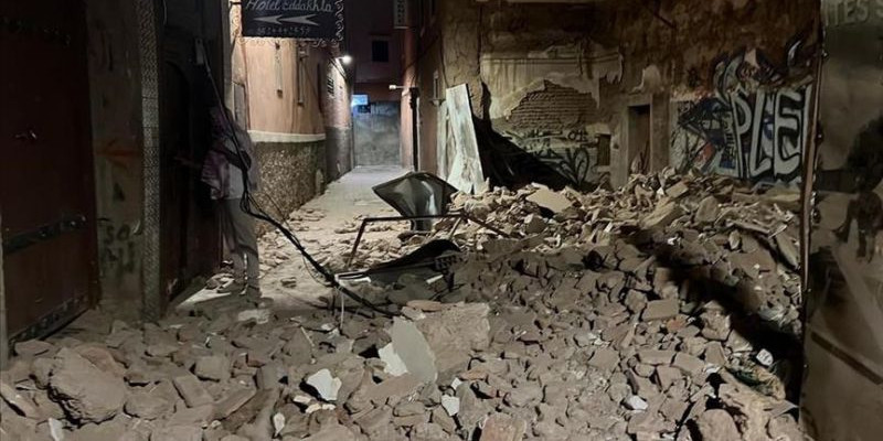 Salah satu bangunan hancur setelah gempa bumi mengguncang wilayah Afrika Utara di Maroko, Jumat (8/9) malam/NET
