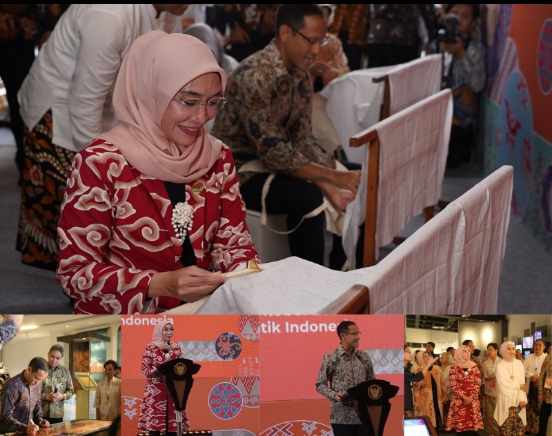 Ibu Wury Ma'ruf Amin dan Menteri Nadiem Makarim mencanting di acara pembukaan puncak perayaan Hari Batik Nasional di Museum Batik Indonesia, TMII (2/10)/Dok. YBI