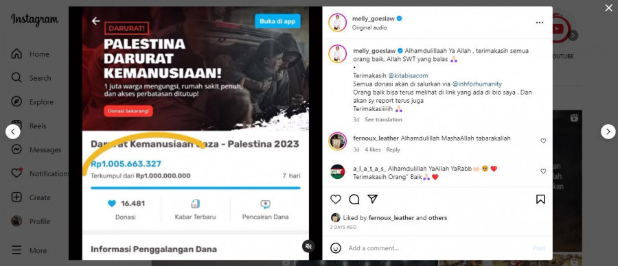 Open donasi untuk Palestina Rp10.000 yang dilakukan Melly Goeslaw berhasil terkumpul sebesar Rp1 miliar/@melly_goeslaw