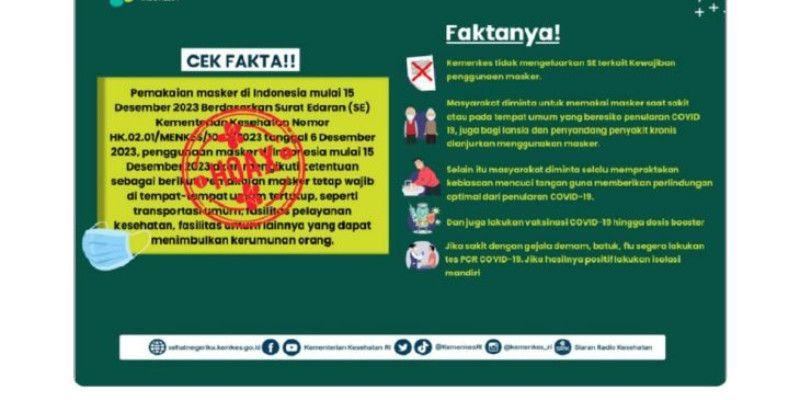 Tangkapan layar kemenkes.go.id berisi klarifikasi rumor kewajiban memakai masker mulai 15 Desember 2023