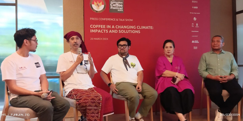 Konferensi pers jelang Amsterdam Coffee Festival 2024 yang digelar Roemah Indonesia BV di Aruma Cafe, Jakarta Selatan, Rabu (20/3/2024)/Farah.id