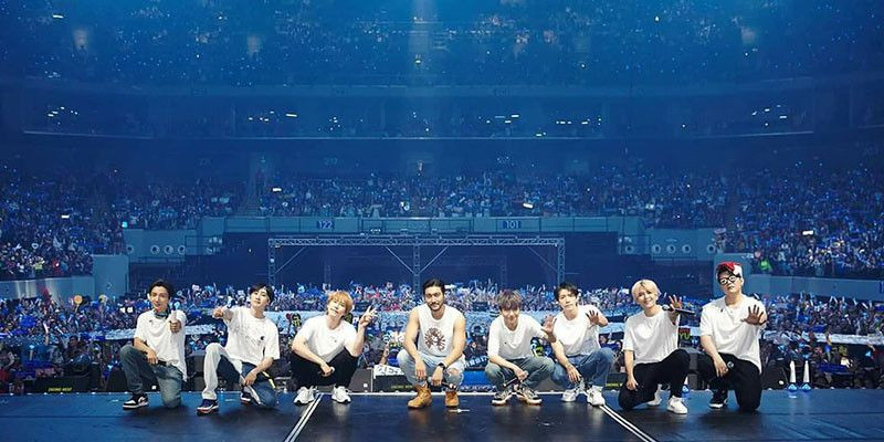 Para member Super Junior saat konser Super Show World Tour-Super Show 8: Infinite Time di ICE BSD City, empat tahun lalu/Getty Images