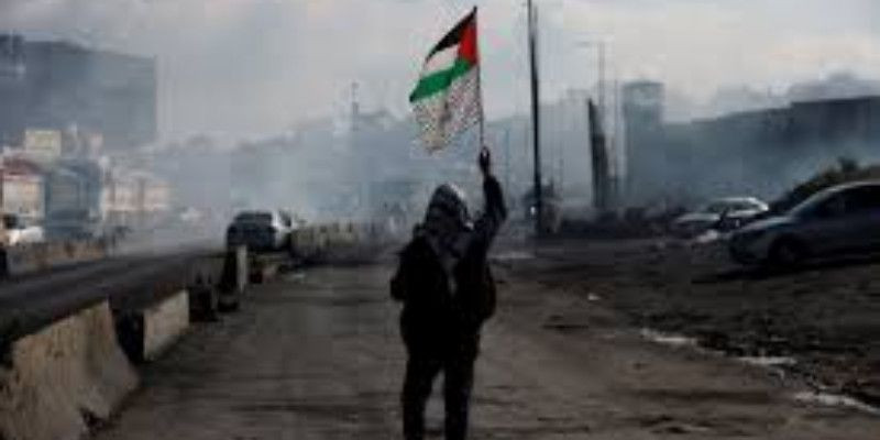 Seorang warga mengangkat bendera Palestina/Reuters