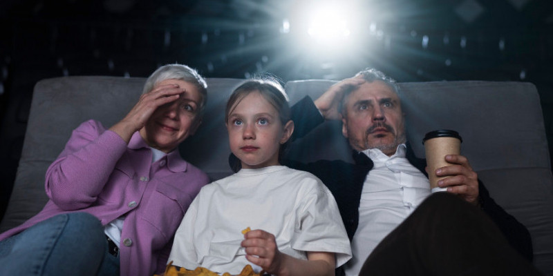 Ilustrasi anak menonton film di bioskop bersama orang tua/Freepik