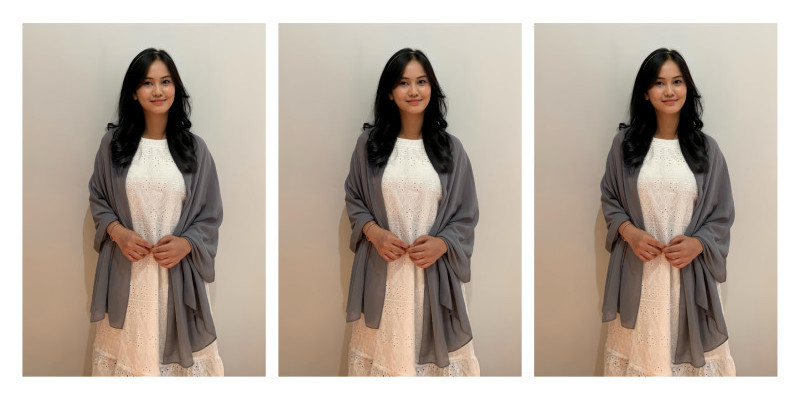 Model mengenakan dress katun bordir putih dan pasmina. (FARAH/Revy)