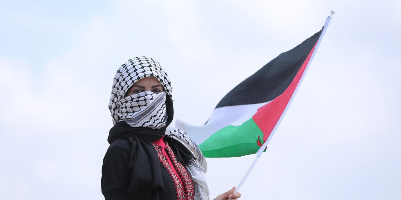 Ilustrasi perempuan memegang bendera Palestina. (Pixabay/Hosnysalah)