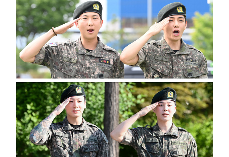 Member BTS: RM & V (atas) serta Jimin & Jungkook (bawah) telah menyelesaikan wajib militer mereka. (BIGHIT)
