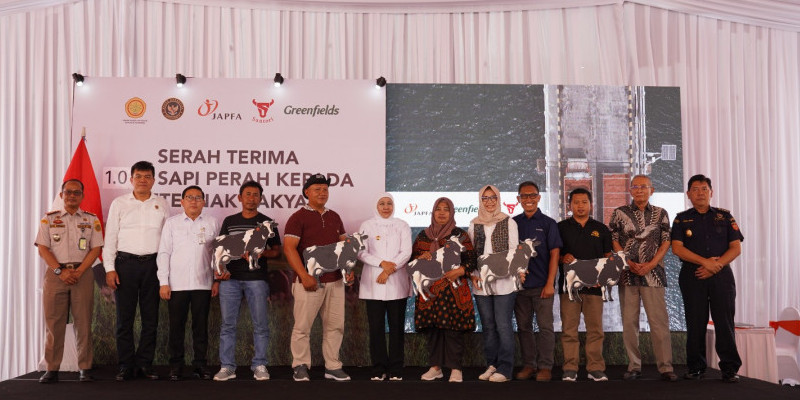 Serah terima >1.000 sapi perah kepada perwakilan peternak rakyat program Kemitraan Sapi Perah Greenfields (KSG) dihadiri Gubernur Jatim Khofifah Indar Parawansa (baju putih). (Ist)