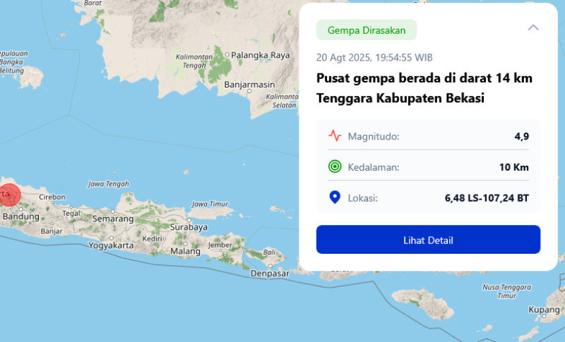 Gempa Bekasi malam hari terasa hingga Bogor (20/8). (BMKG)